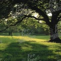 Serene Sunlit Park Landscape with Majestic Tree and Lush Green Grass