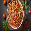 Delicious Fusilli Pasta with Fresh Basil and Cherry Tomatoes on Rustic Wooden Table