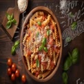 Delicious Homemade Pasta with Fresh Basil and Tomato Sauce on Rustic Wooden Table