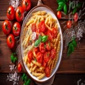 Fresh Italian Pasta with Cherry Tomatoes and Basil on Rustic Wooden Table