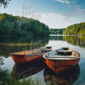 Tranquil Lake Scene with Rustic Boats and Lush Greenery