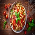 Delicious Pasta Salad with Fresh Tomatoes and Basil on Rustic Wooden Table