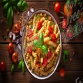 Delicious Spiral Pasta Salad with Fresh Tomatoes and Basil on Rustic Wooden Table