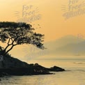 Tranquil Sunset Over Serene Waters: Silhouetted Tree and Mountains with Birds in Flight