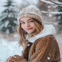 Cozy Winter Portrait of Young Woman in Snowy Landscape