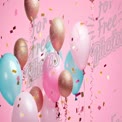 Colorful Party Balloons with Confetti on Pink Background - Celebration and Festivity Concept