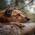 Thoughtful Dog Portrait on Rustic Log in Nature