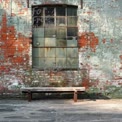 Abandoned Urban Landscape: Rustic Brick Wall with Vintage Window and Weathered Bench