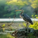 Majestic Great Blue Heron Standing on Rock by Serene Waterway at Sunrise