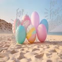 Colorful Pastel Balloons on Sandy Beach: Celebration and Joy in Summer