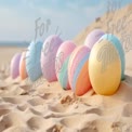 Colorful Pastel Beach Balls on Sandy Shore: Summer Fun and Relaxation