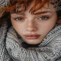 Close-Up Portrait of a Young Woman with Freckles and Red Hair in Cozy Knit Scarf