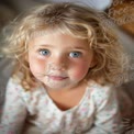 Charming Portrait of a Young Girl with Curly Hair and Bright Blue Eyes