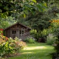 Charming Garden Shed Surrounded by Vibrant Flowers and Lush Greenery