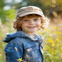 Joyful Child in Nature: Smiling Boy in Denim Jacket and Cap Surrounded by Wildflowers