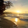 Serene Tropical Sunset Over Tranquil Beach with Palm Trees