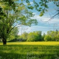 Serene Green Landscape with Lush Trees and Blue Sky