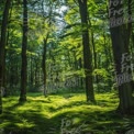 Serene Forest Pathway: Lush Greenery and Sunlight Filtering Through Trees