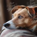 Retrato de Cão Pensativo: Close-Up dos Olhos Expressivos e Posição Relaxada de um Cão