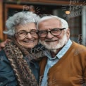 Joyful Senior Couple Embracing in a Cozy Outdoor Setting