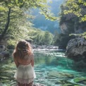 Serene Nature Escape: Woman by Tranquil River in Lush Green Landscape