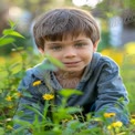 Joyful Child Playing in a Flower Field - Nature, Happiness, and Childhood