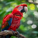 Vibrant Scarlet Macaw Perched on Branch with Lush Green Background