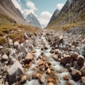 Tranquil Mountain Stream Flowing Through Rocky Valley Landscape