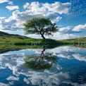 Serene Landscape with Reflected Tree and Clouds in Tranquil Lake