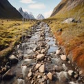 Serene Mountain Stream Flowing Through Lush Valley Landscape