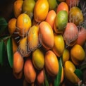 Frische reife Mangos mit grünen Blättern - Tropischer Obst Hintergrund