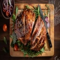 Deliciously Roasted Ham with Fresh Herbs and Vegetables on Wooden Cutting Board