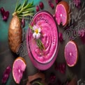 Vibrant Purple Smoothie with Tropical Fruits and Edible Flowers