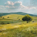 Serene Countryside Landscape with Rolling Hills and Isolated Tree Under Blue Sky