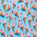 Colorful Ice Cream Cones with Pink Strawberry Flavor and Heart Decorations on Blue Background