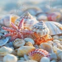 Colorful Seashells and Starfish on Sandy Beach: Coastal Decor and Marine Life