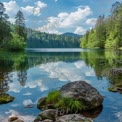 Tranquil Lake Reflection in Lush Green Forest Landscape