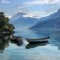 Ruhiger Bergsee mit Ruderbooten und Spiegelungen