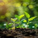 Fresh Green Seedlings Growing in Rich Soil with Sunlight Bokeh