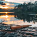 Elegant Wooden Pen on Log by Serene Sunset Lake