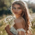 Natural Beauty: Young Woman with Flowers in Sunlit Field