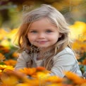 Charming Little Girl Surrounded by Vibrant Orange Flowers in a Sunlit Garden