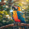 Vibrant Macaw Perched on Branch with Lush Green Background