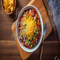 Delicious Vegetarian Chili Bowl with Fresh Toppings and Tortilla Chips