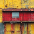 Vibrant Urban Decay: Colorful Rusty Metal Wall with Window and Balcony