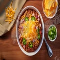 Delicious Chili Bowl Topped with Cheese, Jalape?os, and Fresh Vegetables - Comfort Food Delight