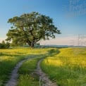 Serene Country Landscape with Lush Green Fields and Majestic Tree