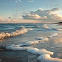 Tranquil Beach Sunset with Gentle Waves and Foamy Shoreline