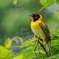 Vibrant Yellow Bird Singing in Lush Greenery - Nature Photography