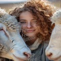 Young Woman Embracing Farm Life with Sheep in Natural Setting